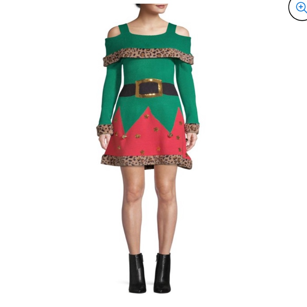 Red & Green Ugly Christmas Sweater Dress Sequin & Bell Detail